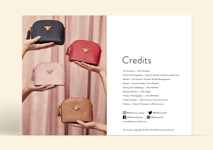 Credits page of look book with gold and leather bee bags
