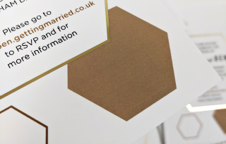 Gold foil honeycomb hexagon printed wedding invites